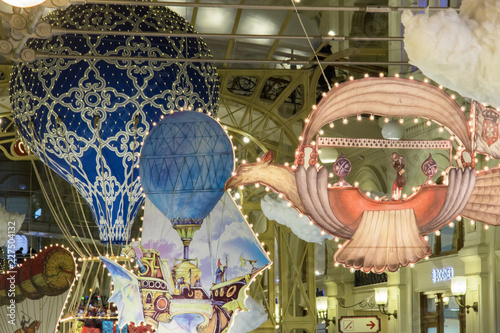 Decorations of GUM mall during winter holidays. new year airship and magick illuminated balloons