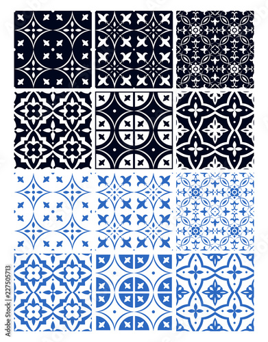Vector oriental pattern in blue color. Tile or Dutch tile style. Turkish pattern