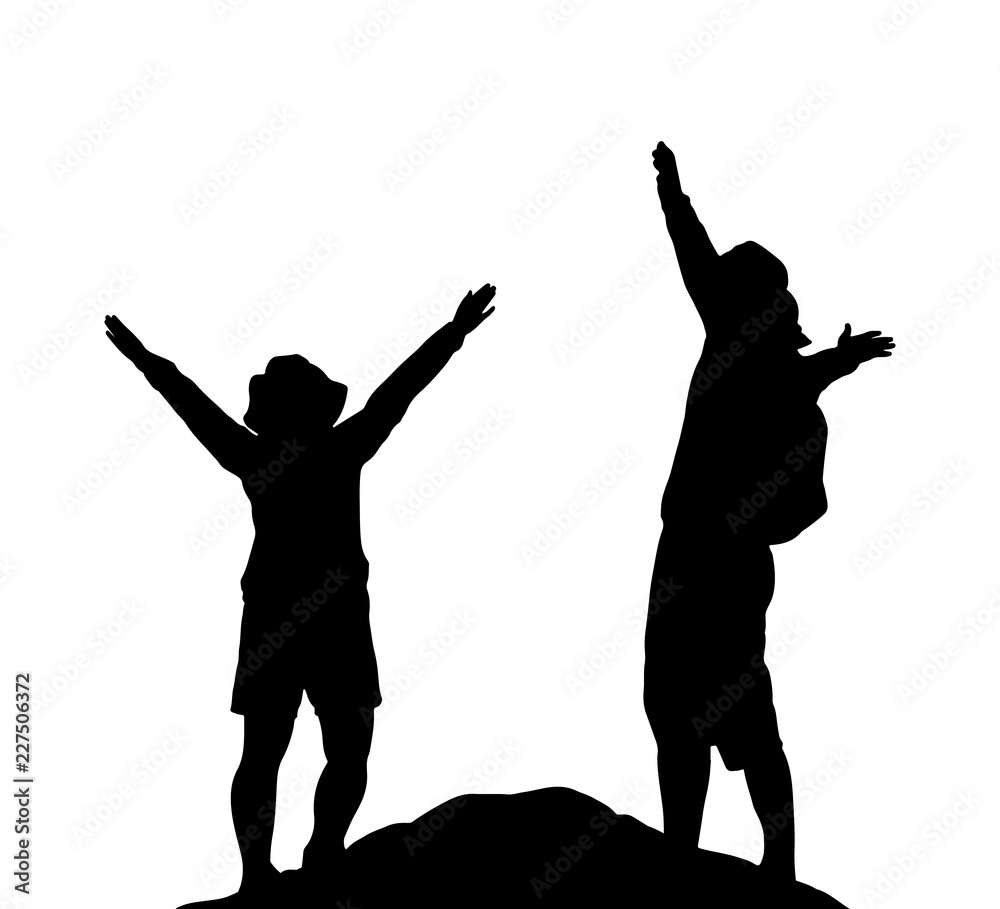 Silhouette of happy couple stand together on peak of mountain with hands raised up vector