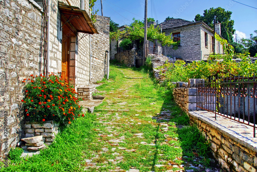 Traditional stone-made footwalk at Vitsa village, Zagoria area, Ipeiros region, Greece.