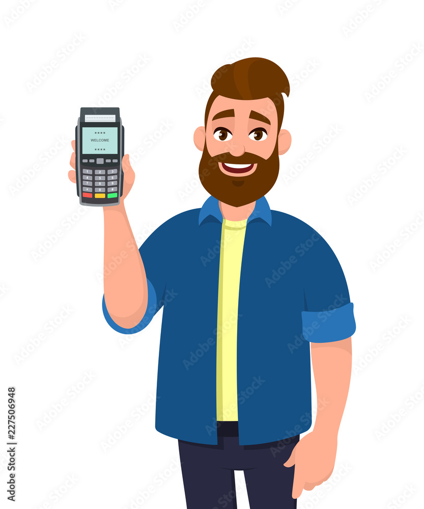 Man showing / holding credit / debit card and POS terminal machine. Man holding card swiping machine in hand. Payment, purchase, sale, shopping concept illustration in vector cartoon style. Man showing / holding credit / debit card and POS terminal machine. Man holding card swiping machine in hand. Payment, purchase, sale, shopping concept illustration in vector cartoon style.