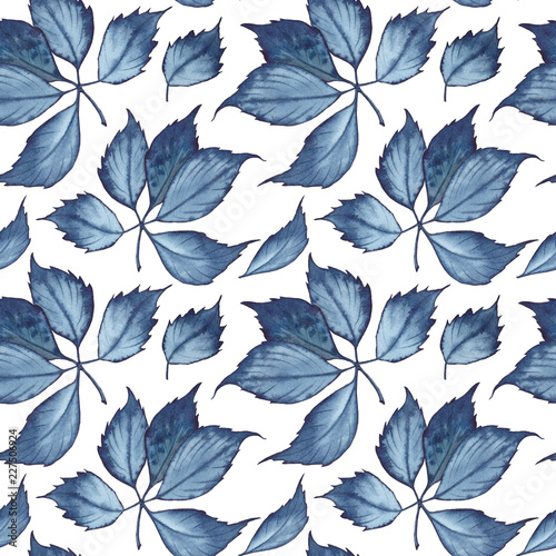 Seamless pattern witn indigo color leaves. Watercolor illustration on white background.