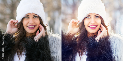 Slika na platnu Young woman winter portrait without and with filter