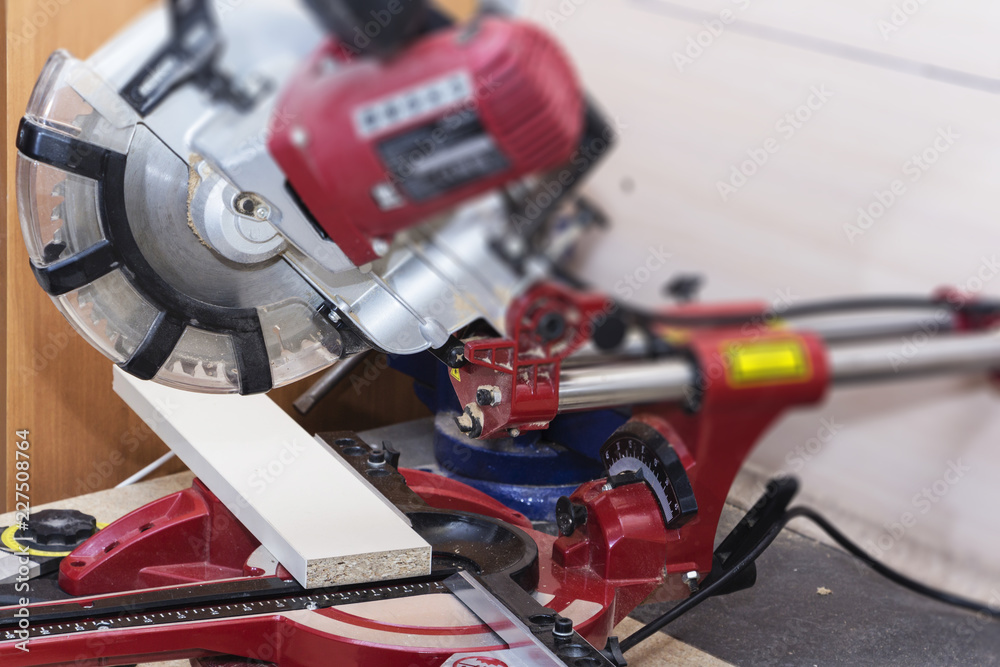 Carpenter workplace. Carpenter tools on wooden table with sawdust