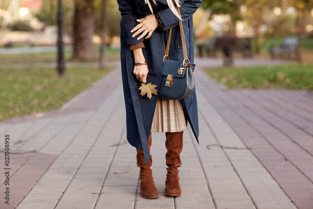 Beautiful fashionable woman walks through the autumn park in a blue coat with a bag in her hands. Details Beautiful fashionable woman walks through the autumn park in a blue coat with a bag in her hands. Details