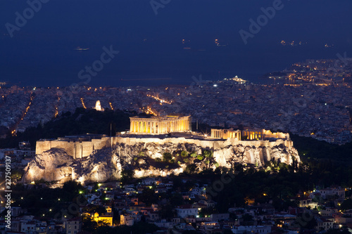 view of Athensat blue hour with the Acropolis seen from Lycabettus Hill, the highest point in the city