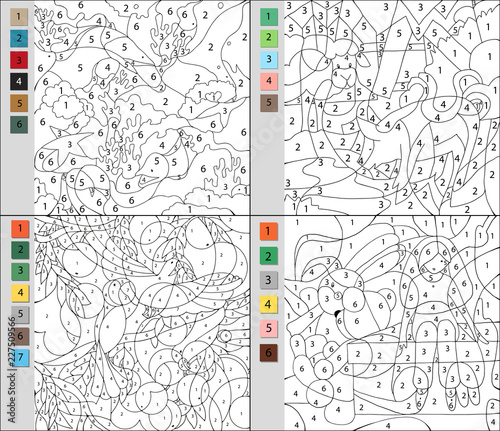 Set of colorings by number, educational game for children. A challenge for junior schoolchildren. Vector file contains a layer with the answers.