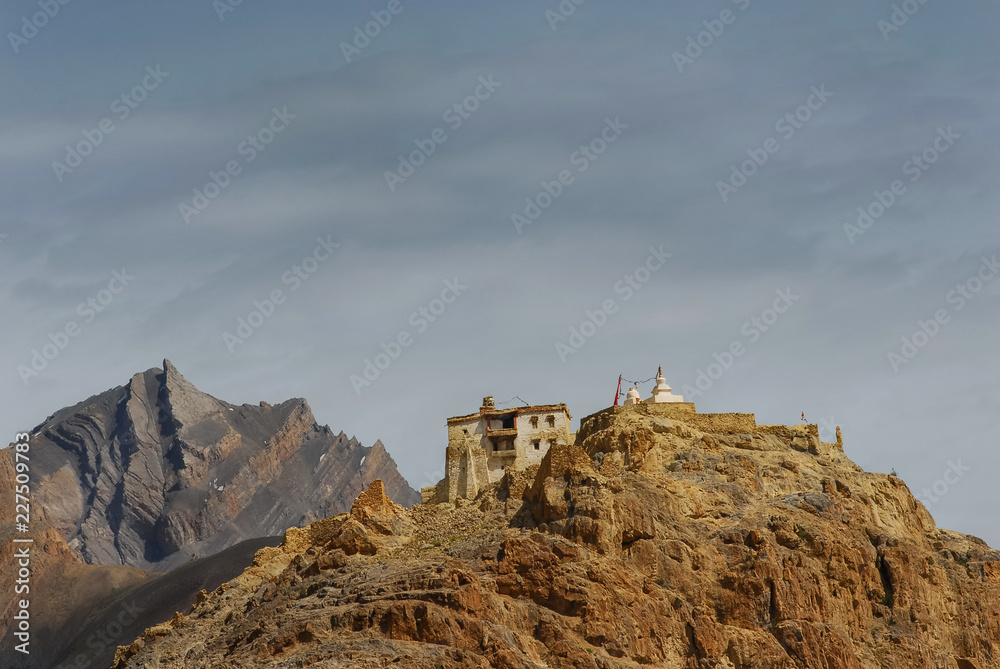 Ruin of Zang La Monastery located on hill top, Padum valley, Zanskar region, India.
