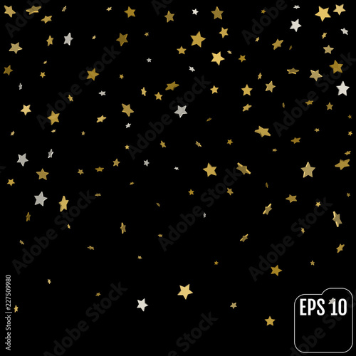 Abstract pattern of random falling 3d gold stars on black background. Glitter pattern for banner, greeting card, Christmas and New Year card, invitation, postcard, paper packaging. Vector illustration