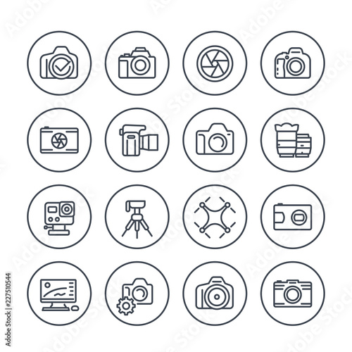 photography line icons set on white, mirrorless, action camera, lenses, drone photo, dslr, aperture, tripod
