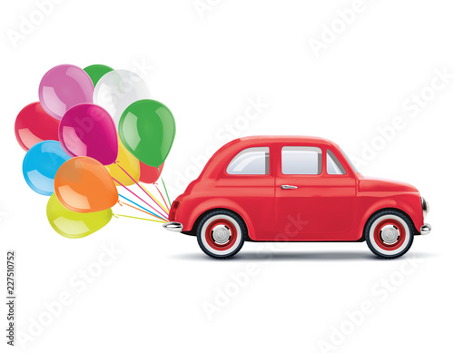 Red cartoon car with bunch of balloons isolated on white. Realistic vector 3d illustration