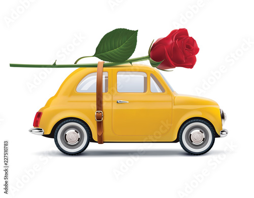 Retro car with red rose isolated on white. Realistic vector 3d illustration