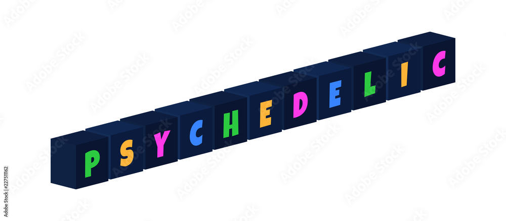 Psychedelic - multi-colored text written on isolated 3d boxes on white background Psychedelic - multi-colored text written on isolated 3d boxes on white background