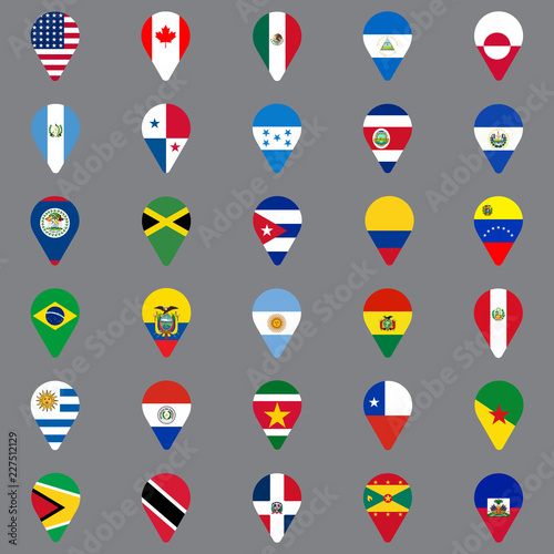 Set of thirty geolocation icons. Flags of North and South American countries in the form of geolocation icons. Geotag icons for your web site design, logo, app, UI. Vector illustration EPS10. 