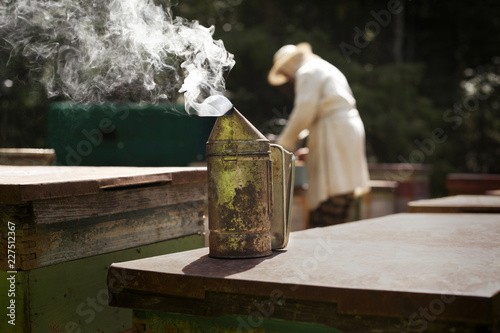 Photos Bee smoker on beehive with beekeeper working in background