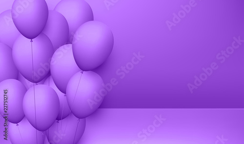 Purple festive background with balloons. Holiday decoration.