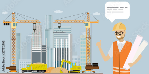 Construction site,crane,construction machinery and engineer architect