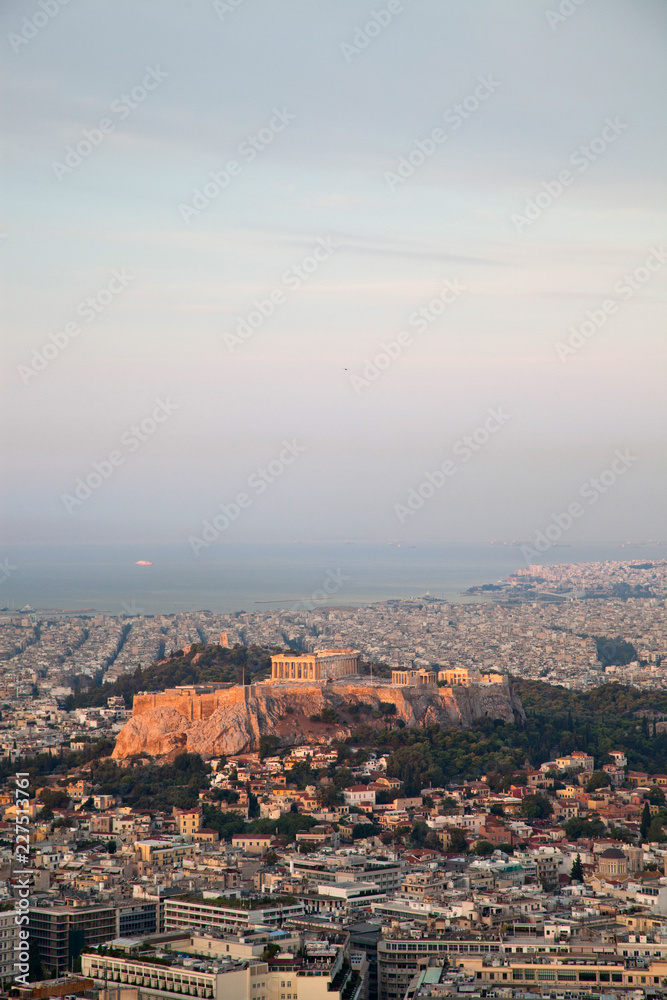cityscape of Athens in early morning with the Acropolis seen from Lycabettus Hill, the highest point in the city