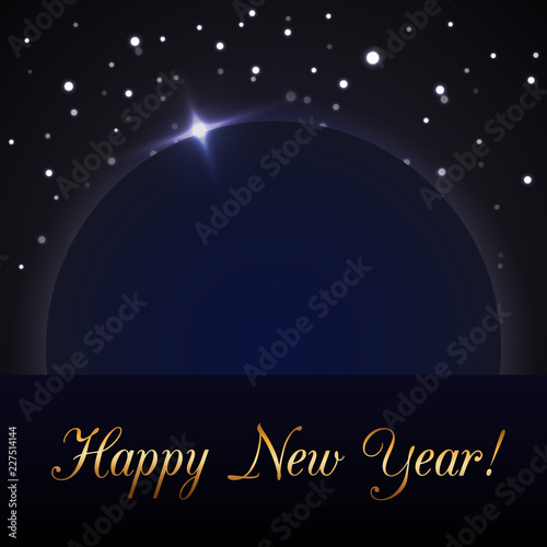 Happy New Year blue background. Magic rain and globe. Golden text and planet on horizon. Christmas planet design. Light, glow and sparkle, glitter. Symbol of wish, celebration. Vector illustration