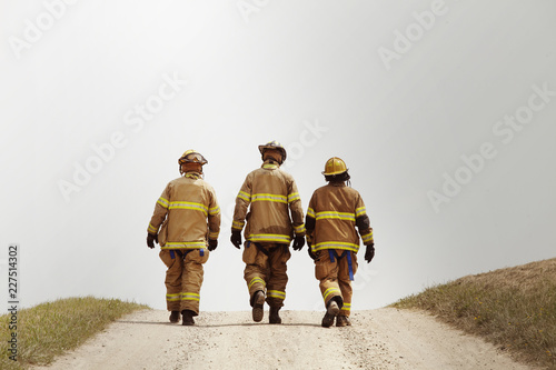 Tableau sur toile Rear view of firefighters walking on dirt road
