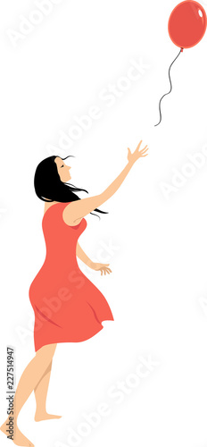 Woman letting go of a balloon as a metaphor for a psychological freedom, EPS 8 vector illustration