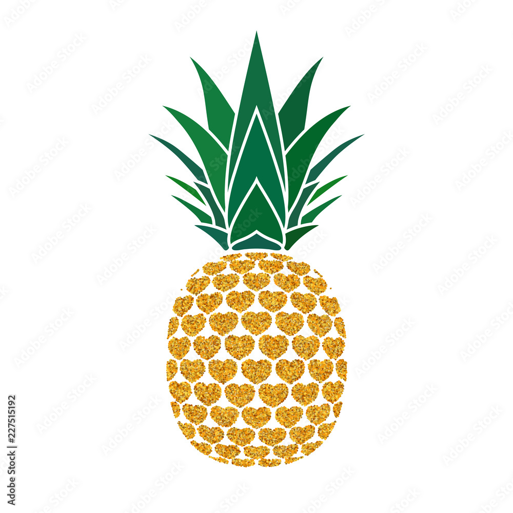 Pineapple golden sign with hearts for t-shirt. Tropical gold exotic fruit isolated white background. Love sign. Cute romantic typography graphic. Sweet summer design decoration. Vector illustration Pineapple golden sign with hearts for t-shirt. Tropical gold exotic fruit isolated white background. Love sign. Cute romantic typography graphic. Sweet summer design decoration. Vector illustration