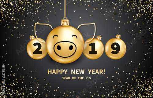 Pig is a symbol of the 2019 Chinese New Year. Realistic golden glass balls with pigs muzzle, brighting sequins on a black background. Decorative Christmas design elements. Vector illustration