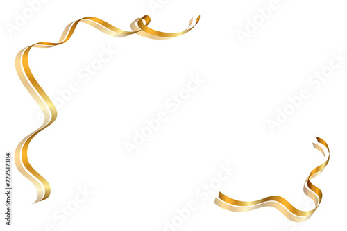 Gold ribbon frame. Golden serpentine design. Decorative streamer border, isolated white background. Decoration framework for Christmas, carnival, holiday celebration, birthday. Vector illustration
