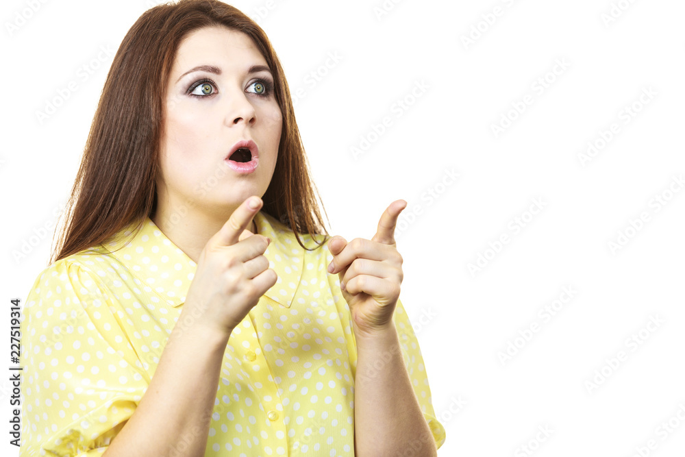 Shocked amazed woman gesturing with hands Shocked amazed woman gesturing with hands
