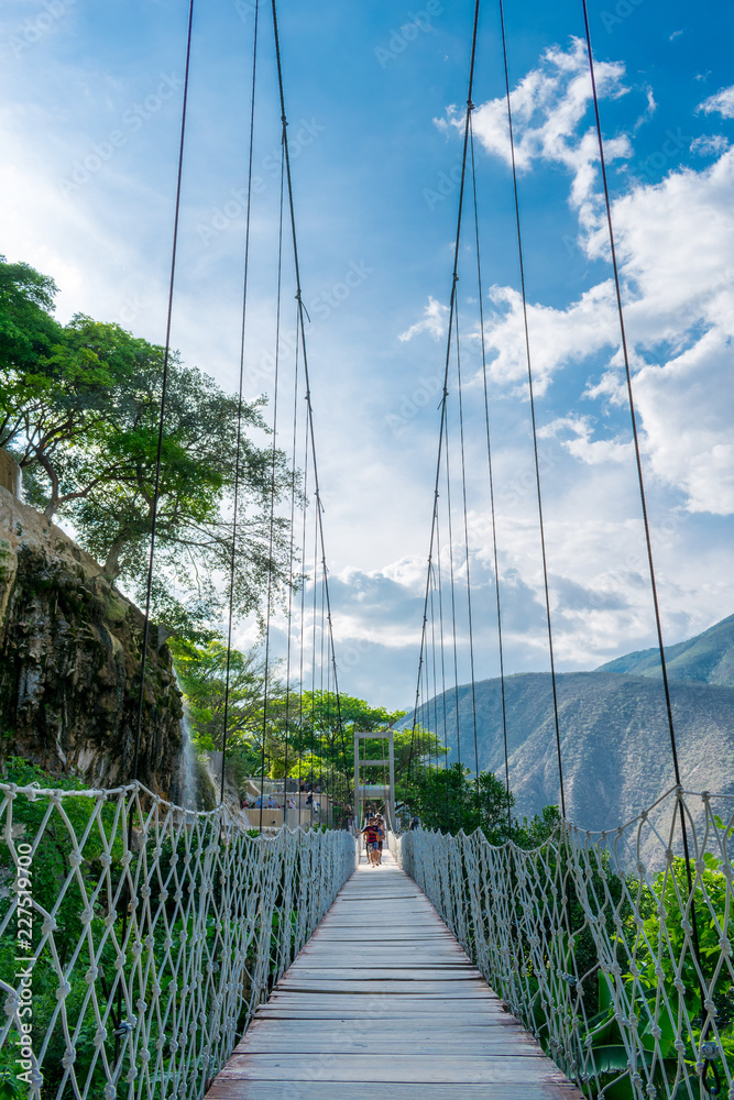 Obraz premium Wood bridge over forest valley in Hidalgo Mexico