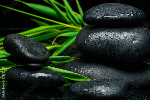 black massage stones and plants 