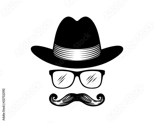 Vector Mafia or Spy or Detective with Classic Hat, White Glasses and Mustache Sign Symbol Icon Logo Design Inspiration