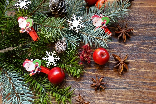 Christmas backgrounds. Christmas decor on the wooden background. 