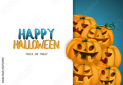 Happy Halloween Trick or treat banner with carved pumpkins having funny faces stacking on blue and white background. Realistic lettering can be used for invitations, signs, announcements