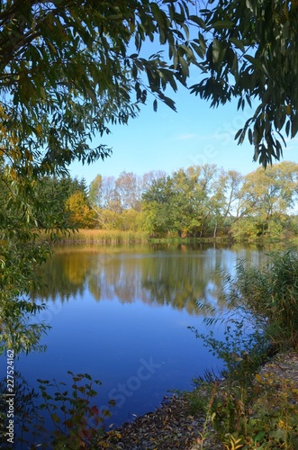 Herbstlandschaft spiegelt sich in Wasser photo