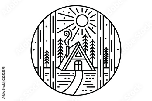 Wooden house in the forest. Wooden cabin in the woods. Linear illustration