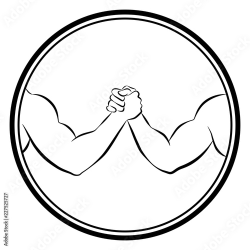Arm wrestling competition. Isolated round logo outline vector illustration on white background.
