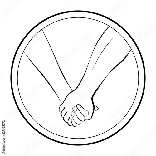Holding hands of a love couple. Isolated round logo outline vector illustration on white background.