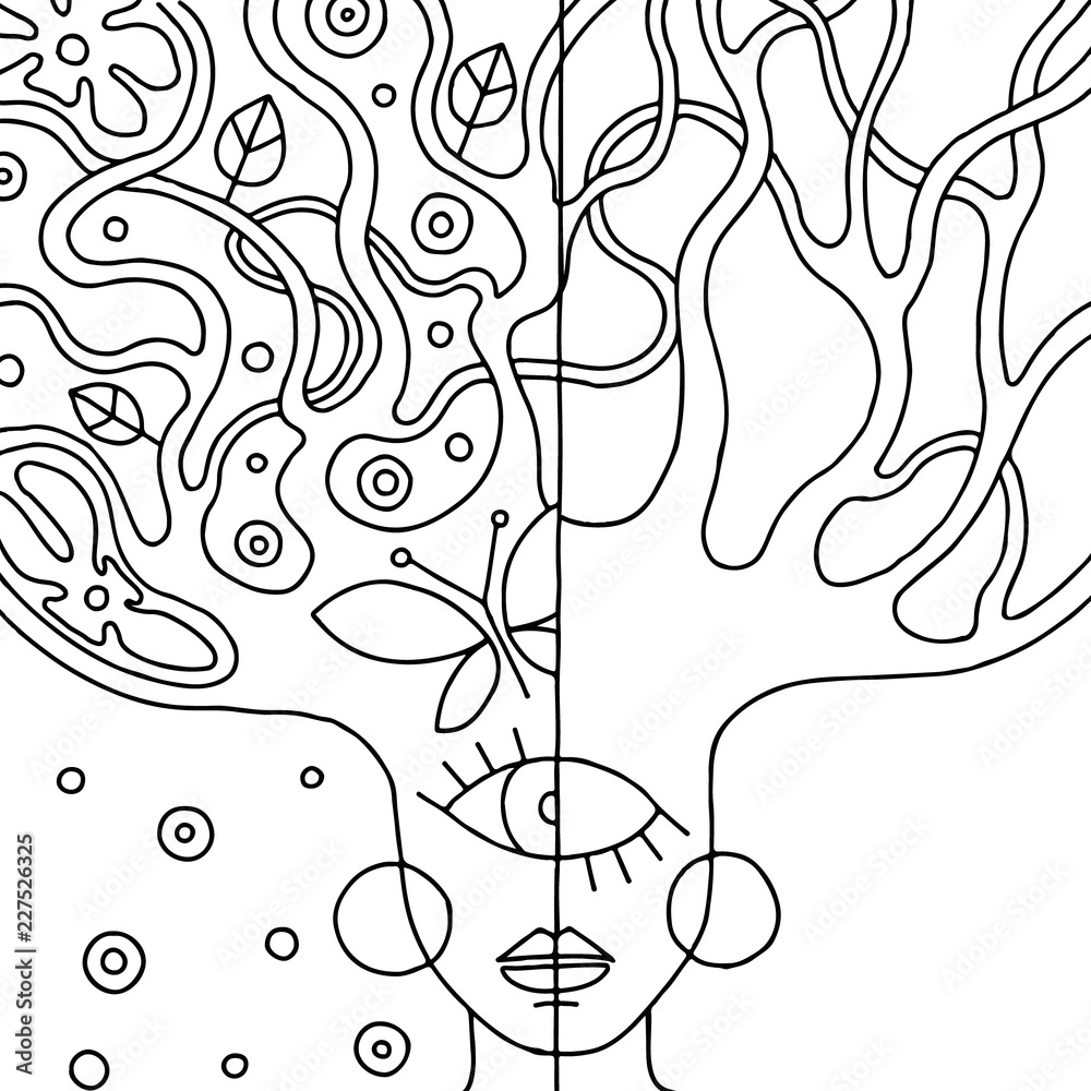 Fototapeta Vector black and white hand drawn illustration of psychedelic woman face with abstract tree, flowers, leaves, dots, butterfly, background Decorative artistic picture for coloring, line drawing.