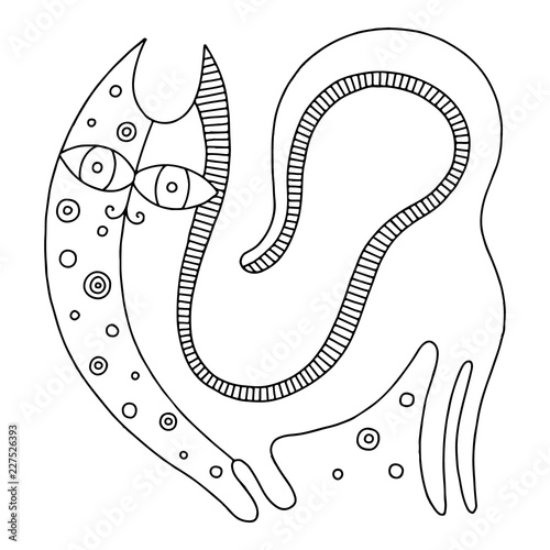 Vector hand drawn black and white illustration of isolated psuchedelic cat with decorative elements, dots.  Line drawing. Picture for coloring. Childlike doodle style photo