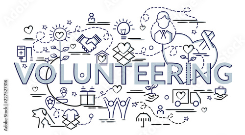 Flat colorful design concept for Volunteering. Infographic idea of making creative products..Template for website banner, flyer and poster. Hand drawn doodle cartoon vector illustration.