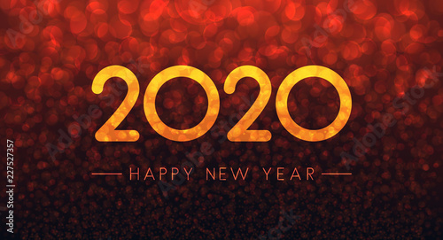 Red bokeh 2020 Happy New Year greeting card.