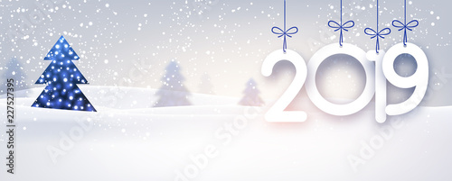 Blue 2019 New Year background with winter landscape.