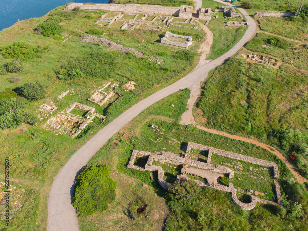 AERIAL view of monumental historical town of Kaliakra Unesco world heritage. Flying above archeological ruins of cape Kaliakra, Bulgaria