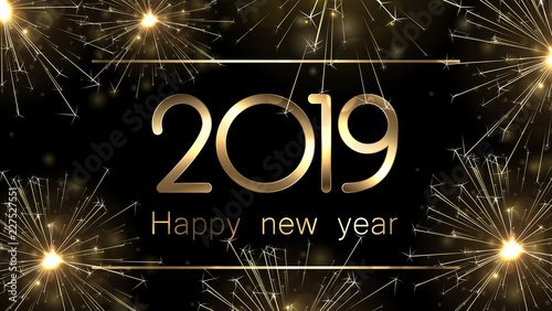 Black shiny 2019 Happy New Year greeting card.