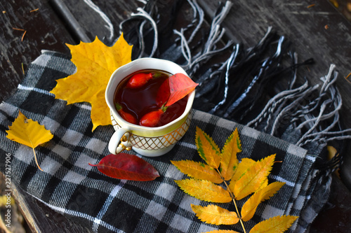 Autumn, autumn leaves on a scarf, hot cup of tea, the concept of warmth and comfort