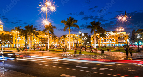 LIMA PERU: Panoramic view of Lima main square at blue time. © christian vinces