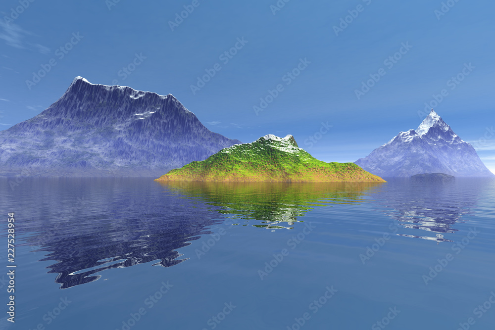 Snowy mountains, an alpine landscape, reflection on water and a blue sky.