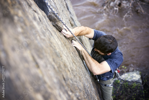 High angle view of man climbing mountain