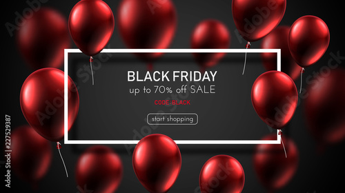 Black friday sale promo poster with red glossy balloons.